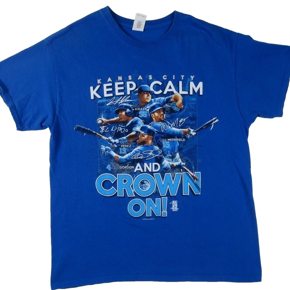 Kansas City Royals MLB Keep Calm And Crown On Graphic Tee T Shirt Men Large Blue